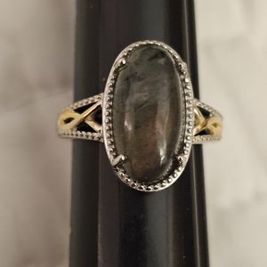 Sz 7, Labradorite Solitaire Oval Ring, Brass, Plated /w Platinum & 18K YG, NWT